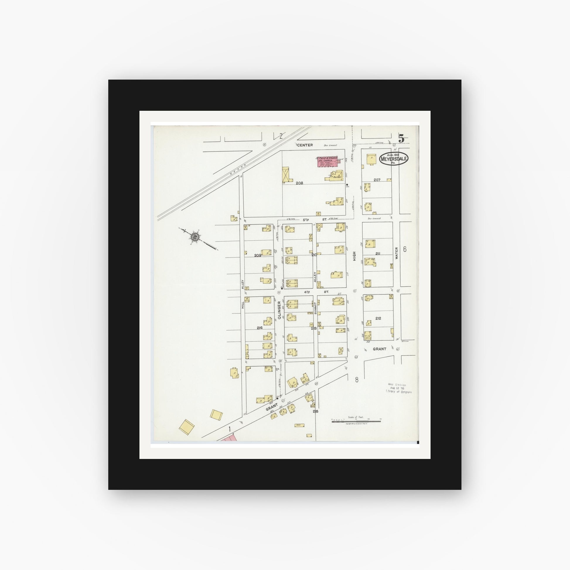 Old map wall art mockup — black gallery frame with white mat — Sanborn Fire Insurance Map from Meyersdale, Somerset County, Pennsylvania (1919), Sheet #0005