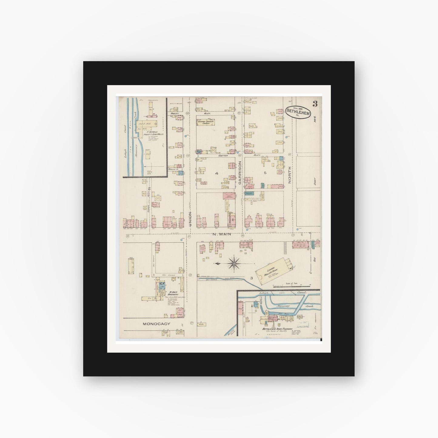 Old map wall art mockup — black gallery frame with white mat — Sanborn Fire Insurance Map from Bethlehem, Northampton And Lehigh Counties, Pennsylvania (1885), Sheet #0003