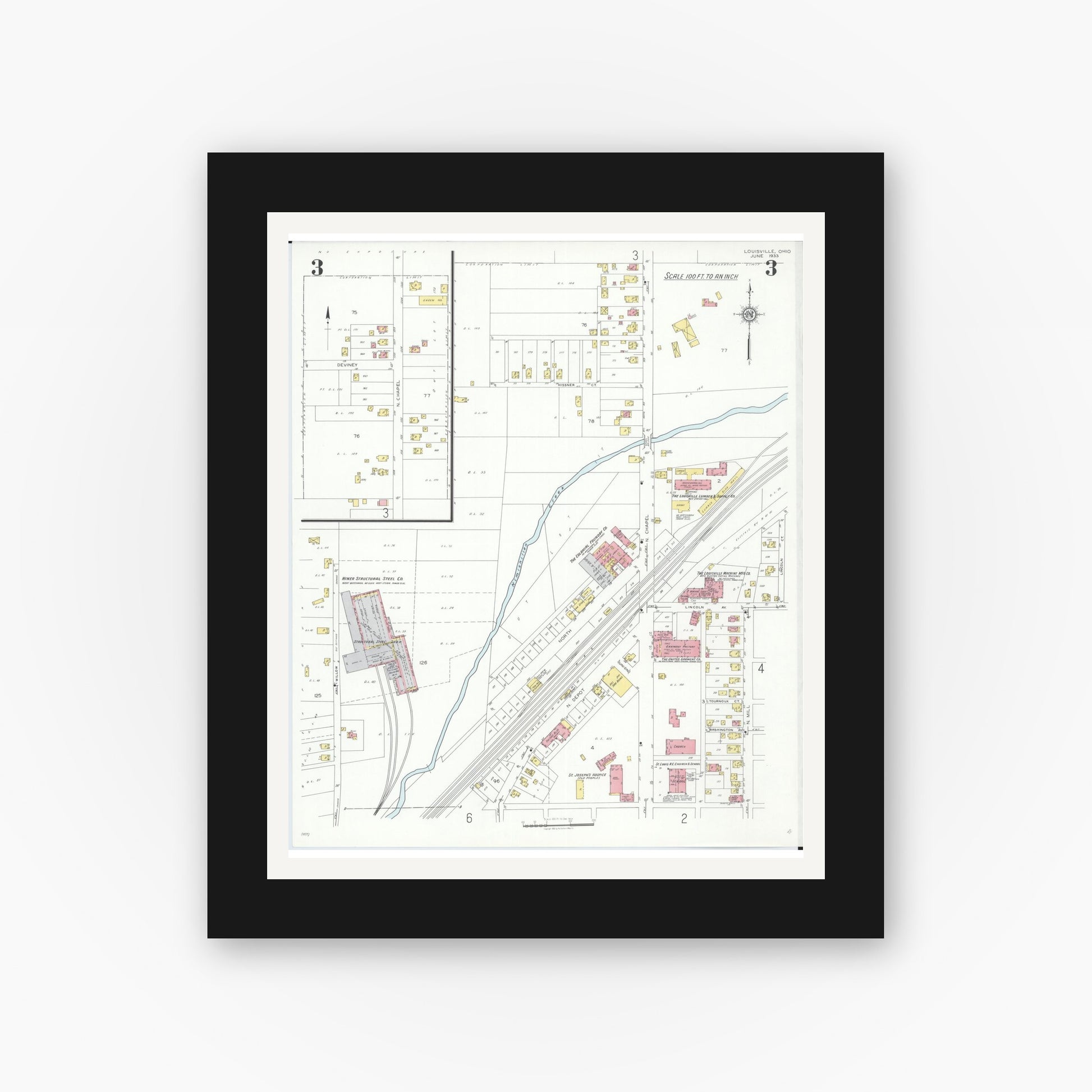 Old map wall art mockup — black gallery frame with white mat — Sanborn Fire Insurance Map from Louisville, Stark County, Ohio (1933), Sheet #0003