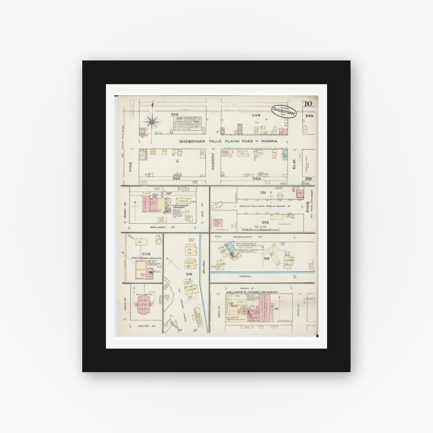 Old map wall art mockup — black gallery frame with white mat — Sanborn Fire Insurance Map from Sheboygan, Sheboygan County, Wisconsin (1884), Sheet #0010