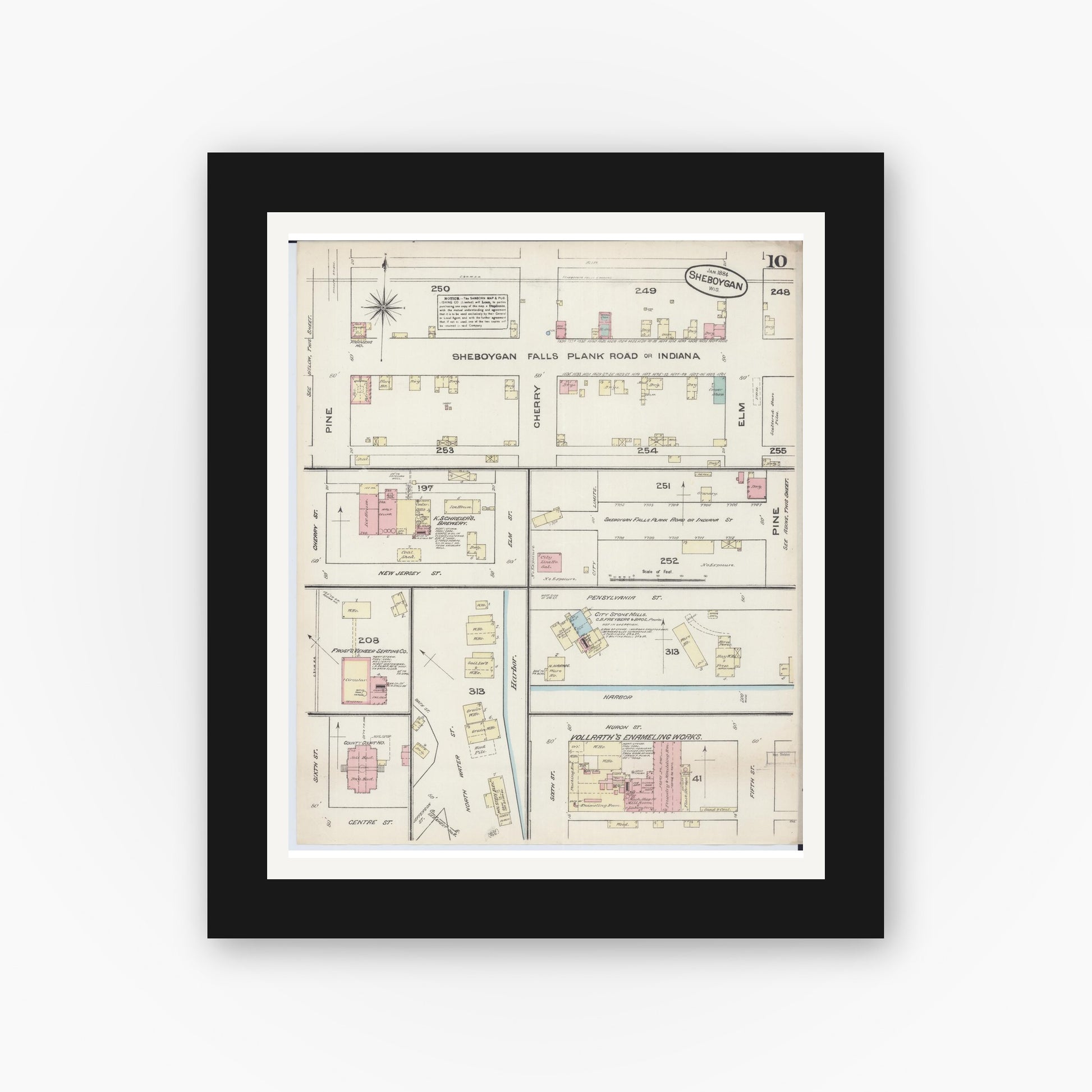 Old map wall art mockup — black gallery frame with white mat — Sanborn Fire Insurance Map from Sheboygan, Sheboygan County, Wisconsin (1884), Sheet #0010