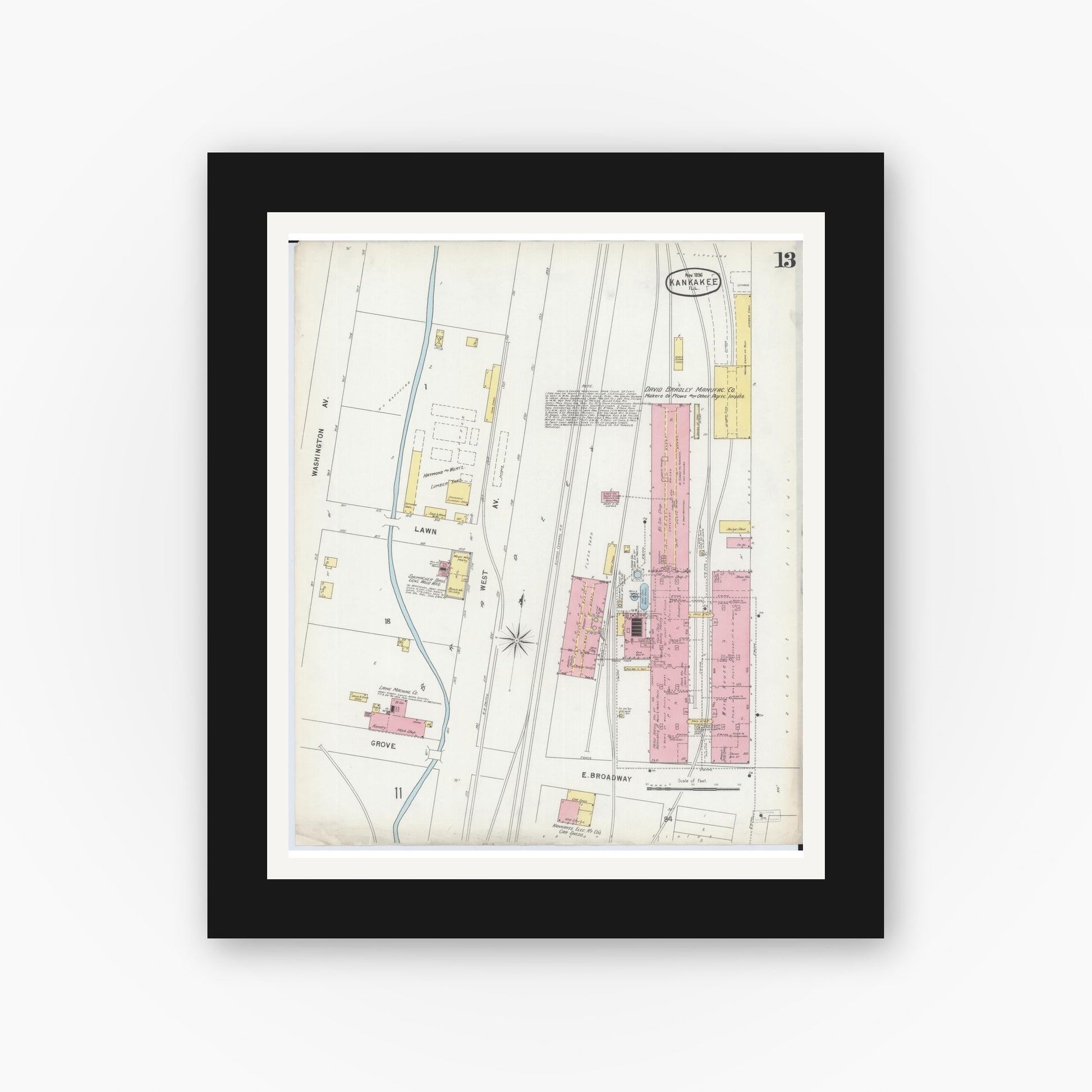 Old map wall art mockup — black gallery frame with white mat — Sanborn Fire Insurance Map from Kankakee, Kankakee County, Illinois (1896), Sheet #0013