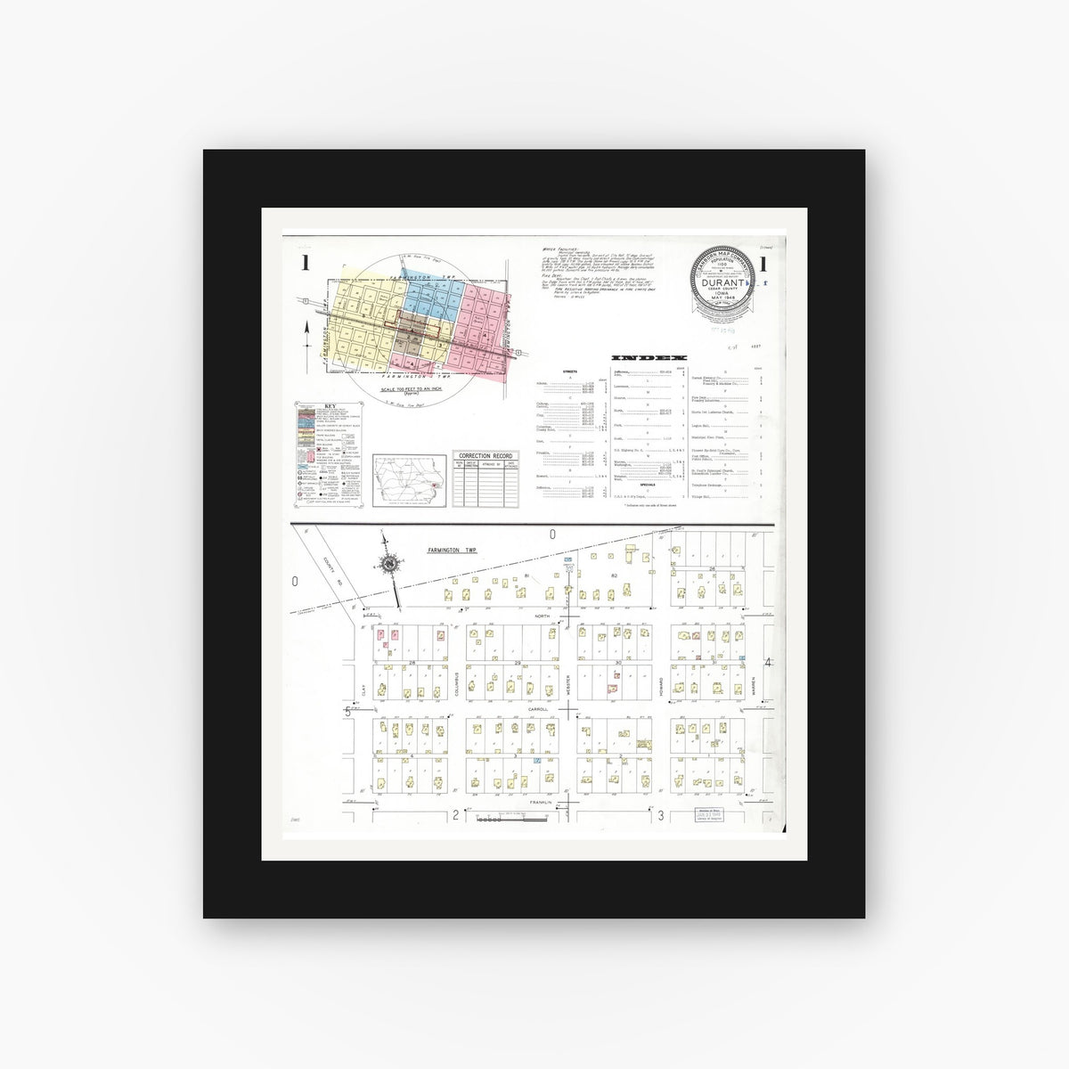 Old map wall art mockup — black gallery frame with white mat — Sanborn Fire Insurance Map from Durant, Cedar County, Iowa (1948) â€” Complete Set