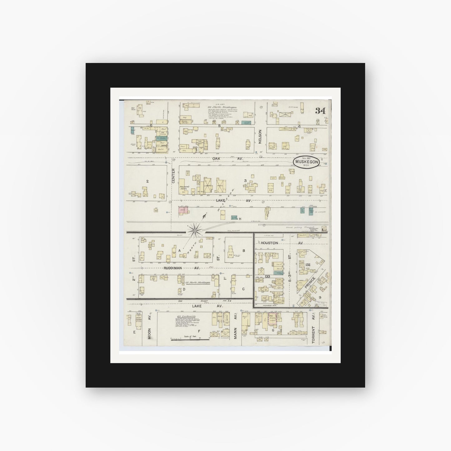 Old map wall art mockup — black gallery frame with white mat — Sanborn Fire Insurance Map from Muskegon, Muskegon County, Michigan (1887), Sheet #0034