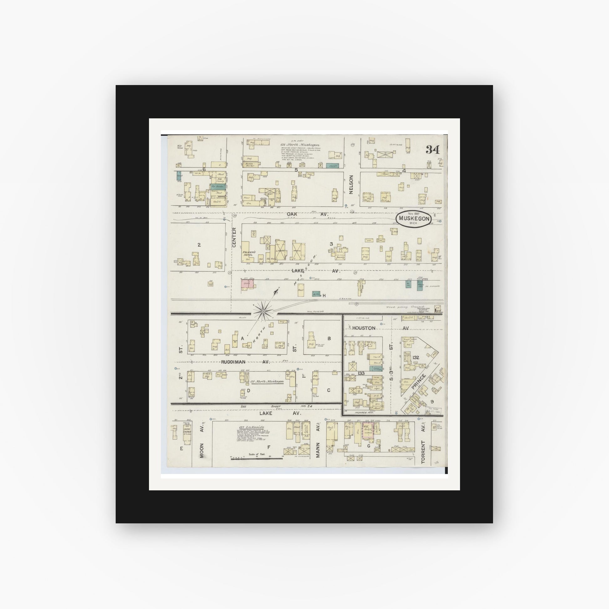 Old map wall art mockup — black gallery frame with white mat — Sanborn Fire Insurance Map from Muskegon, Muskegon County, Michigan (1887), Sheet #0034