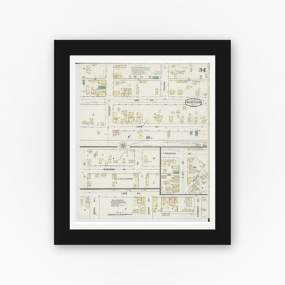 Old map wall art mockup — black gallery frame with white mat — Sanborn Fire Insurance Map from Muskegon, Muskegon County, Michigan (1887), Sheet #0034