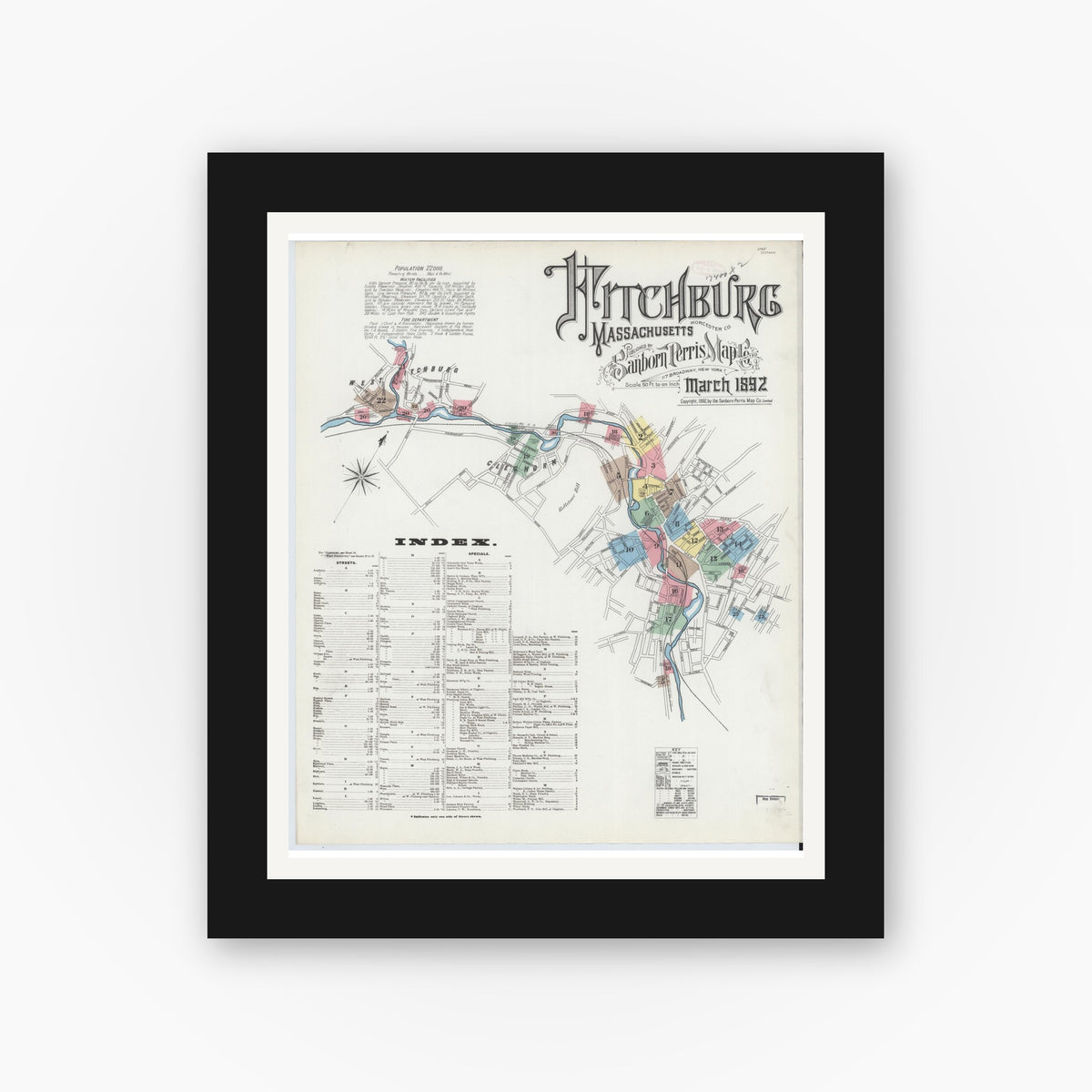 Old map wall art mockup — black gallery frame with white mat — Sanborn Fire Insurance Map from Fitchburg, Worcester County, Massachusetts (1892) - Complete Map Set