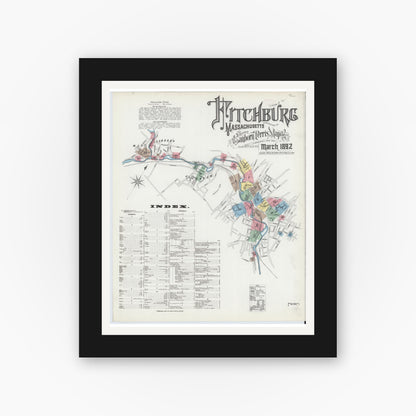 Old map wall art mockup — black gallery frame with white mat — Sanborn Fire Insurance Map from Fitchburg, Worcester County, Massachusetts (1892) - Complete Map Set