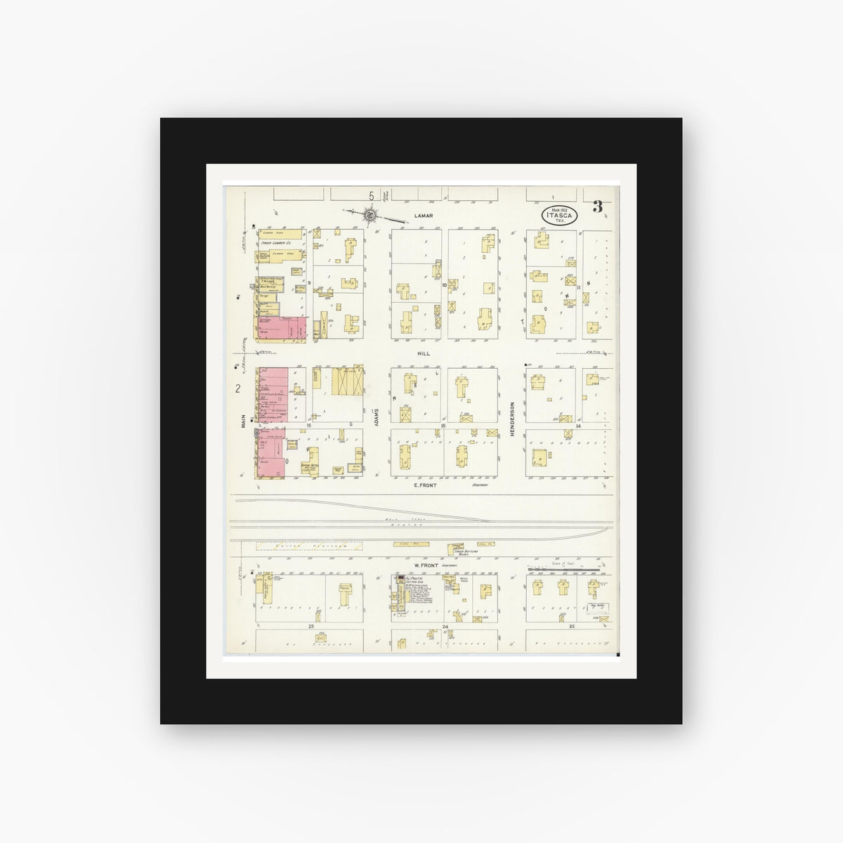 Old map wall art mockup — black gallery frame with white mat — Sanborn Fire Insurance Map from Itasca, Hill County, Texas (1912), Sheet #0003