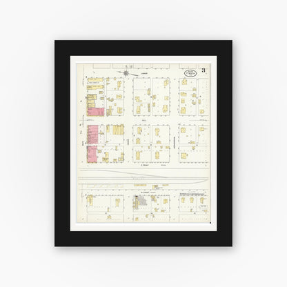 Old map wall art mockup — black gallery frame with white mat — Sanborn Fire Insurance Map from Itasca, Hill County, Texas (1912), Sheet #0003