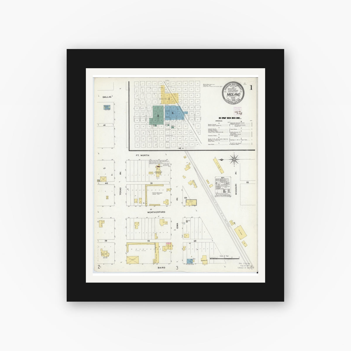 Old map wall art mockup — black gallery frame with white mat — Sanborn Fire Insurance Map from Midland, Midland County, Texas (1909) - Complete Map Set