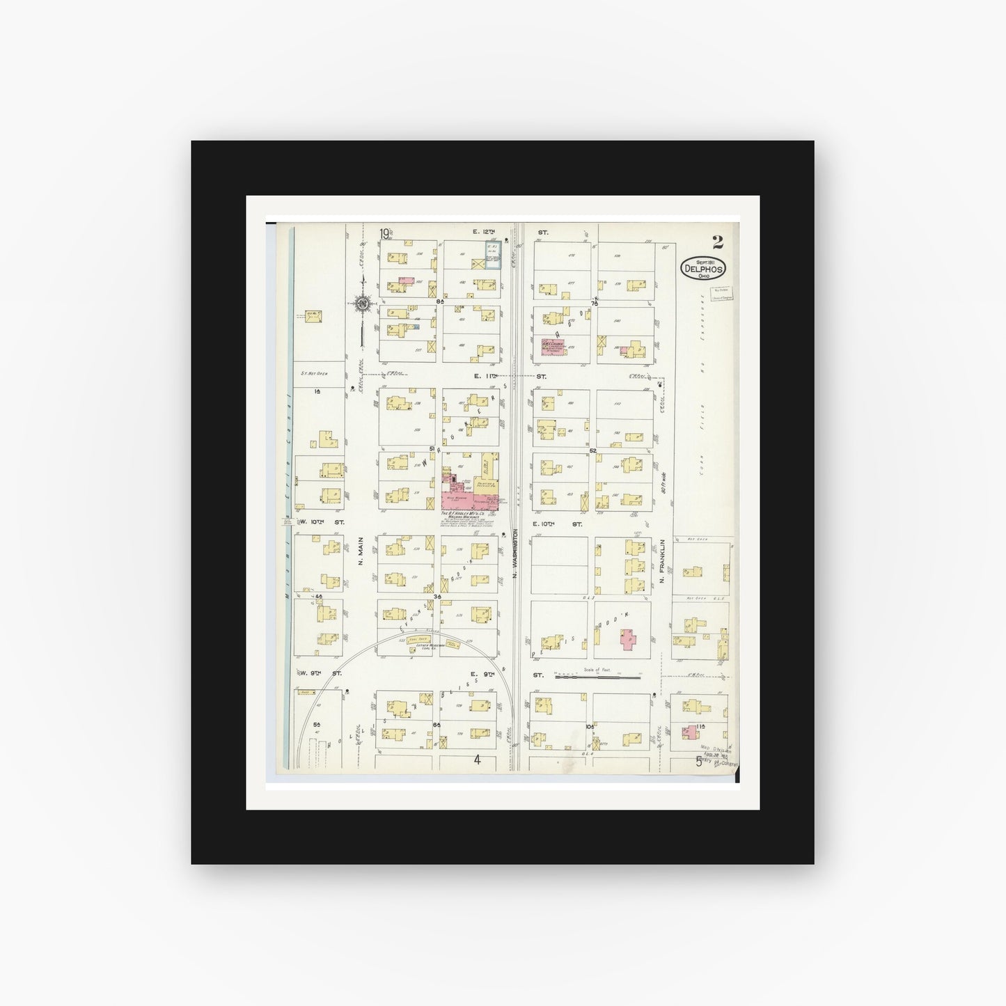 Old map wall art mockup — black gallery frame with white mat — Sanborn Fire Insurance Map from Delphos, Van Wert And Allen Counties, Ohio (1911), Sheet #0002