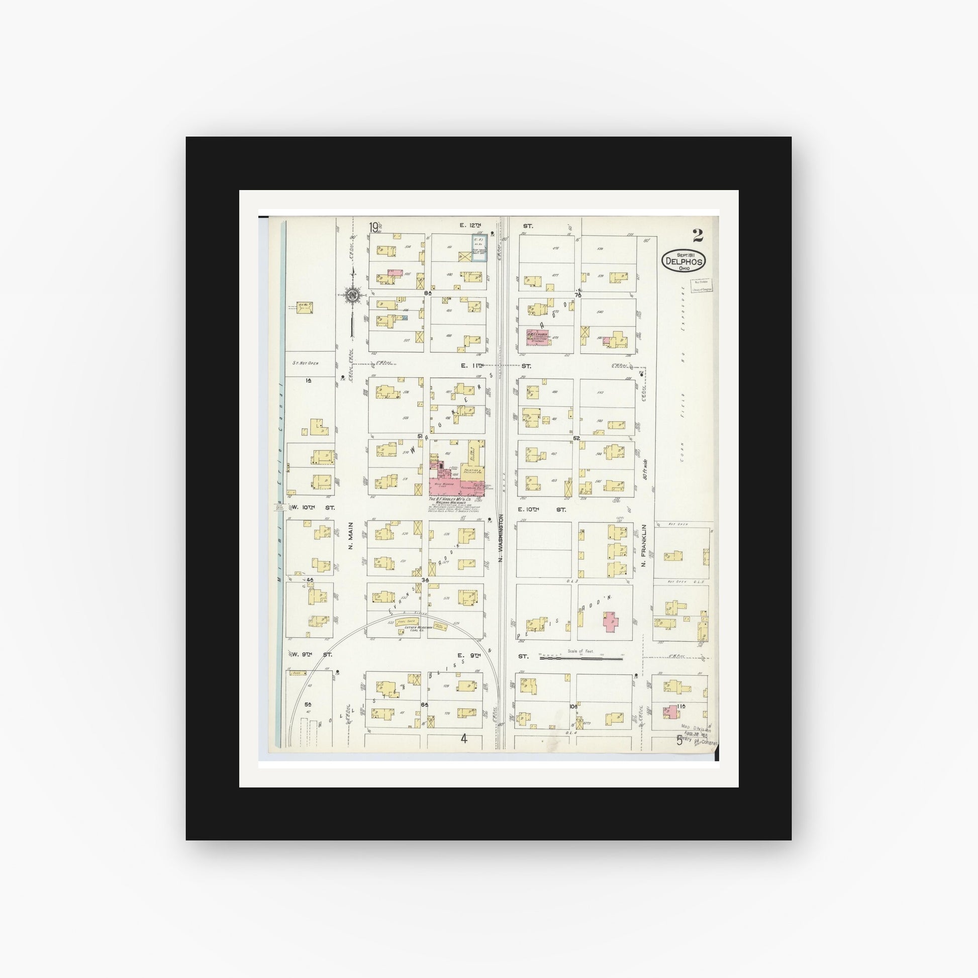 Old map wall art mockup — black gallery frame with white mat — Sanborn Fire Insurance Map from Delphos, Van Wert And Allen Counties, Ohio (1911), Sheet #0002