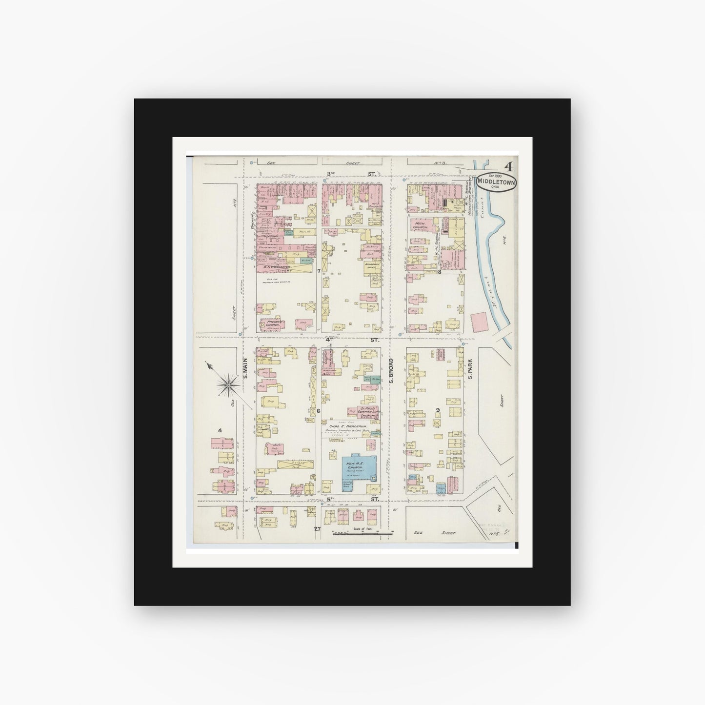 Old map wall art mockup — black gallery frame with white mat — Sanborn Fire Insurance Map from Middletown, Butler County, Ohio (1890), Sheet #0004