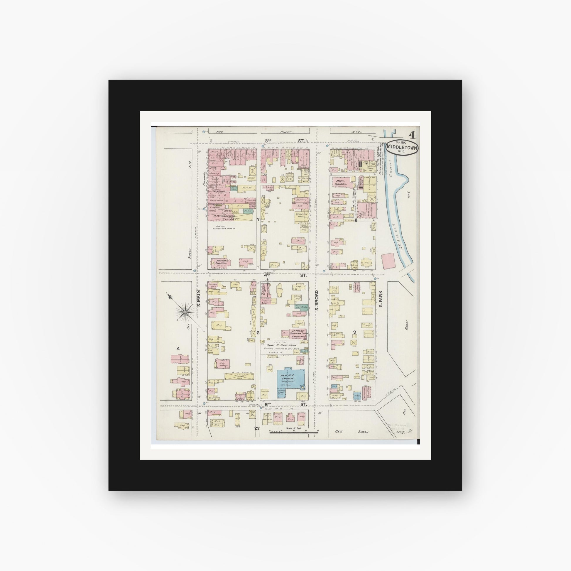 Old map wall art mockup — black gallery frame with white mat — Sanborn Fire Insurance Map from Middletown, Butler County, Ohio (1890), Sheet #0004