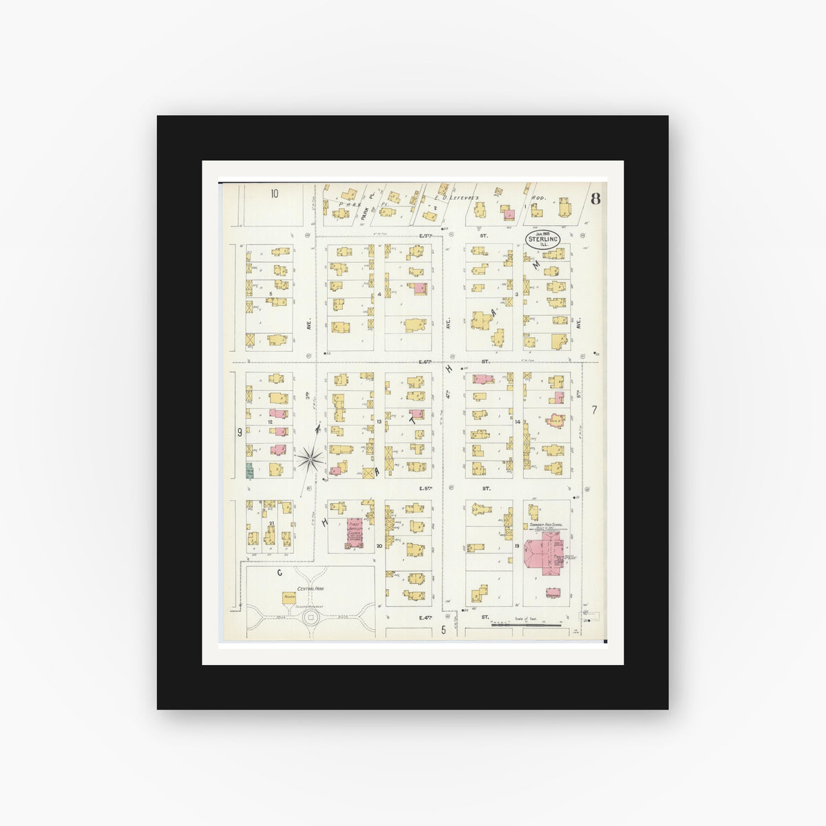 Old map wall art mockup — black gallery frame with white mat — Sanborn Fire Insurance Map from Sterling, Whiteside County, Illinois (1903), Sheet #0008