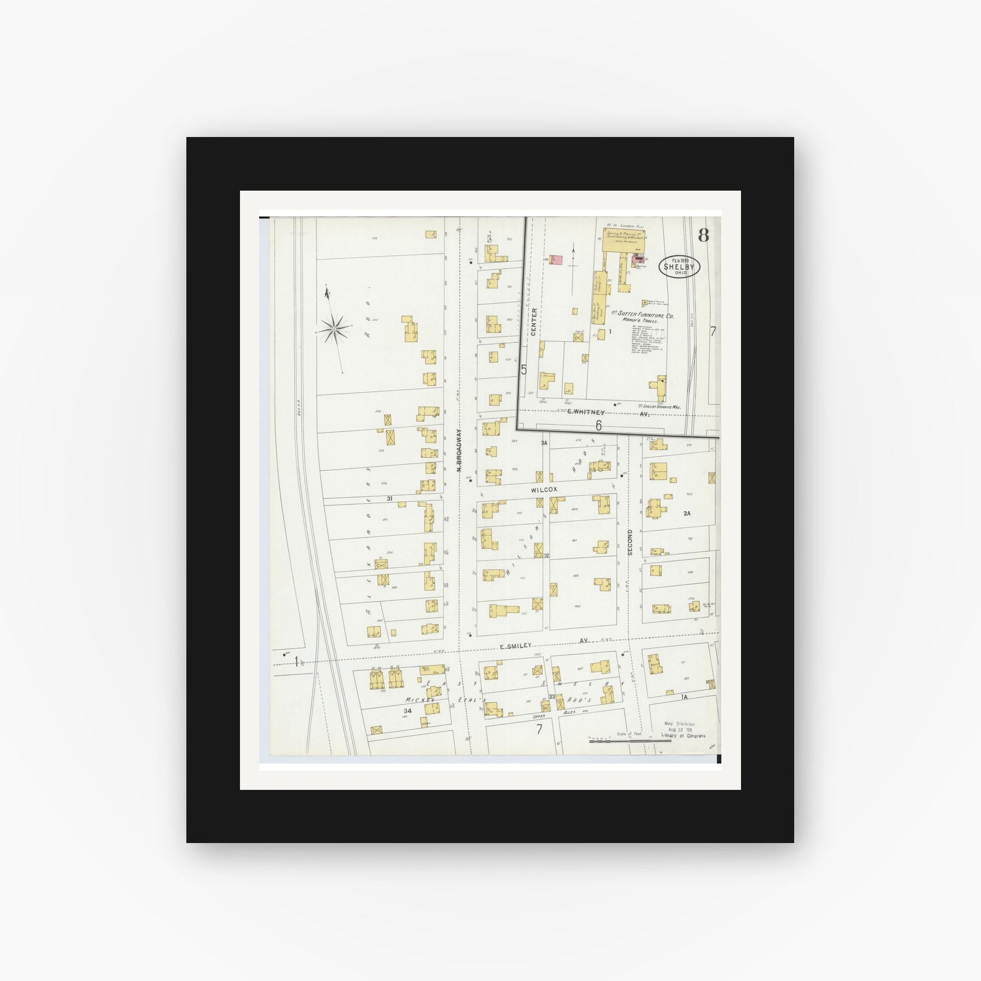 Old map wall art mockup — black gallery frame with white mat — Sanborn Fire Insurance Map from Shelby, Richland County, Ohio (1899), Sheet #0008