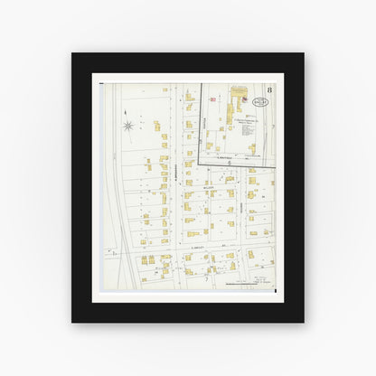 Old map wall art mockup — black gallery frame with white mat — Sanborn Fire Insurance Map from Shelby, Richland County, Ohio (1899), Sheet #0008
