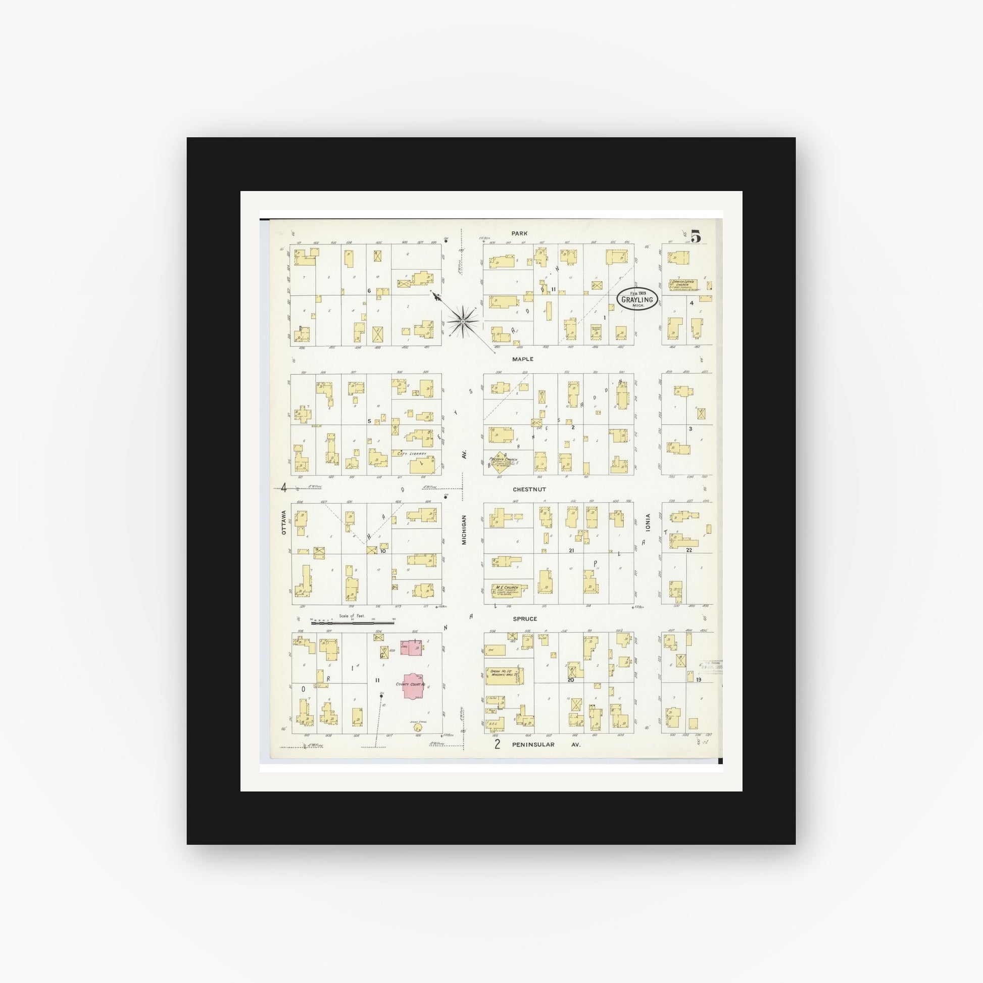 Old map wall art mockup — black gallery frame with white mat — Sanborn Fire Insurance Map from Grayling, Crawford County, Michigan (1909), Sheet #0005