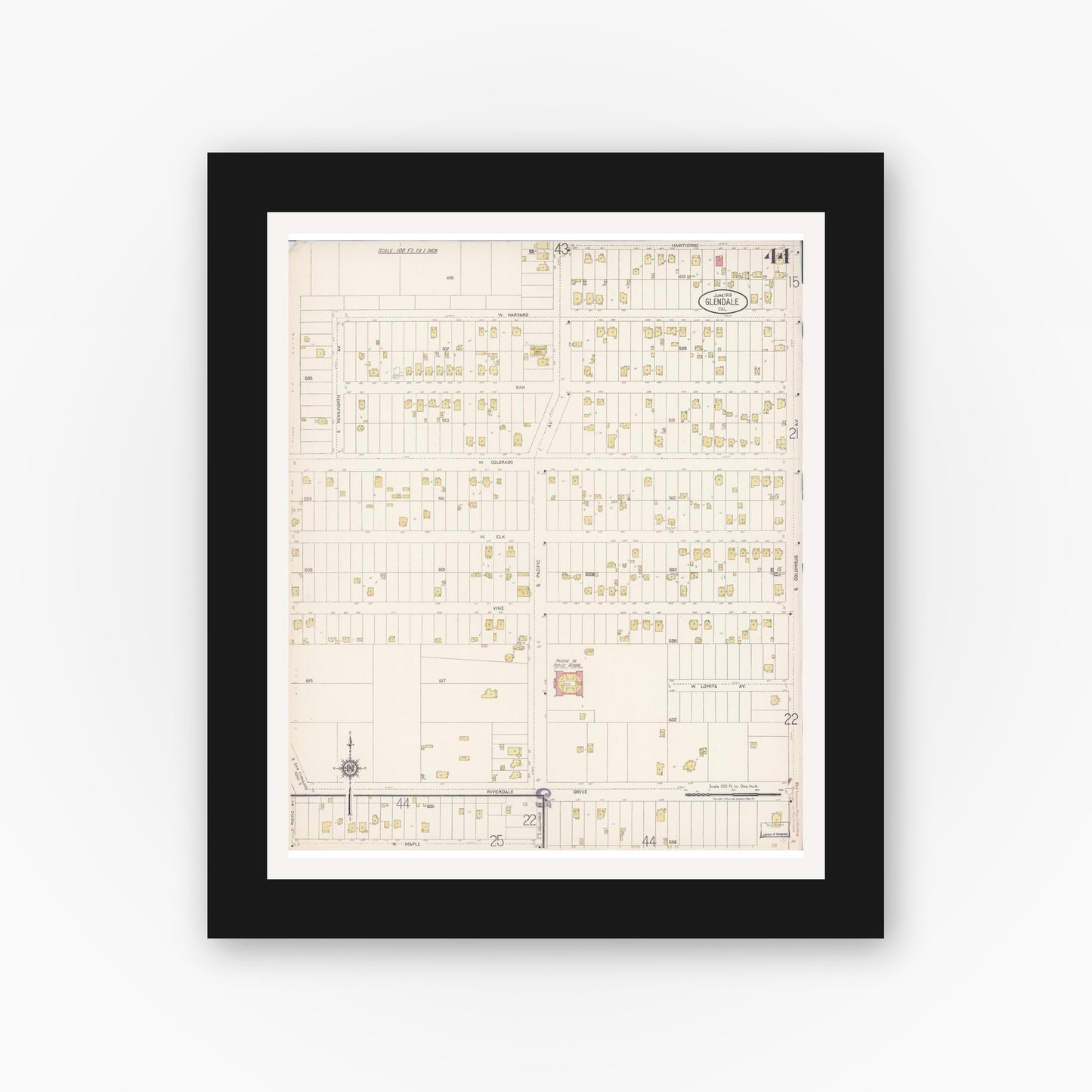 Old map wall art mockup — black gallery frame with white mat — Sanborn Fire Insurance Map from Glendale, Los Angeles County, California (1919), Sheet #0044