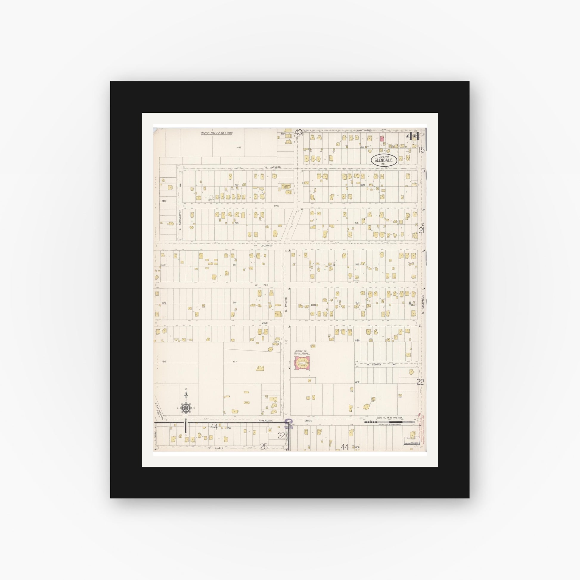 Old map wall art mockup — black gallery frame with white mat — Sanborn Fire Insurance Map from Glendale, Los Angeles County, California (1919), Sheet #0044