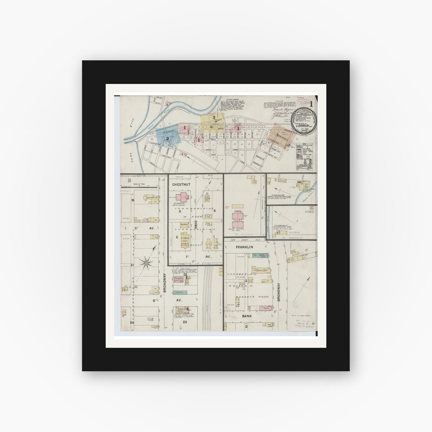 Old map wall art mockup — black gallery frame with white mat — Sanborn Fire Insurance Map from Lorain, Lorain County, Ohio (1888), Sheet #0001