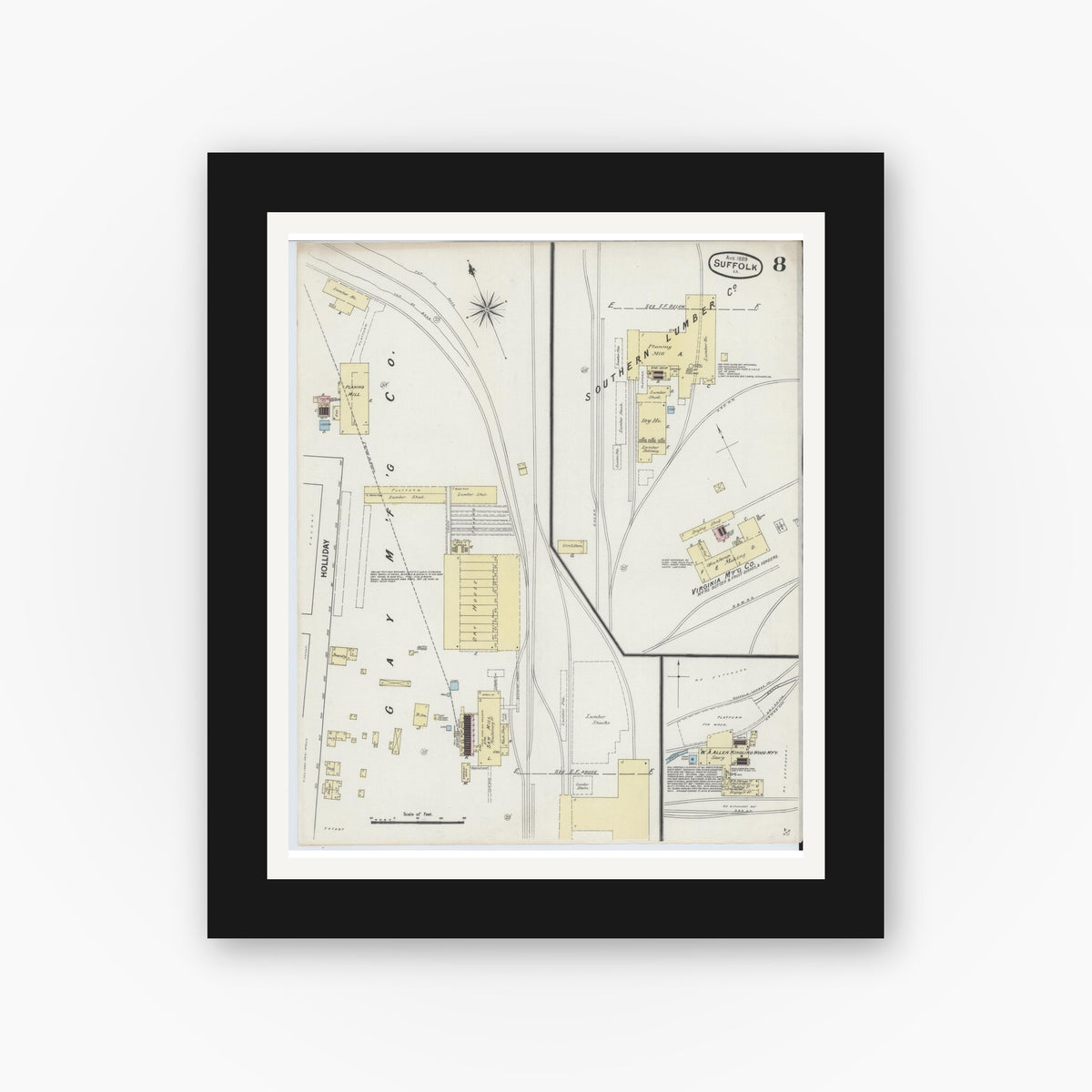 Old map wall art mockup — black gallery frame with white mat — Sanborn Fire Insurance Map from Suffolk, Independent Cities, Virginia (1889), Sheet #0008