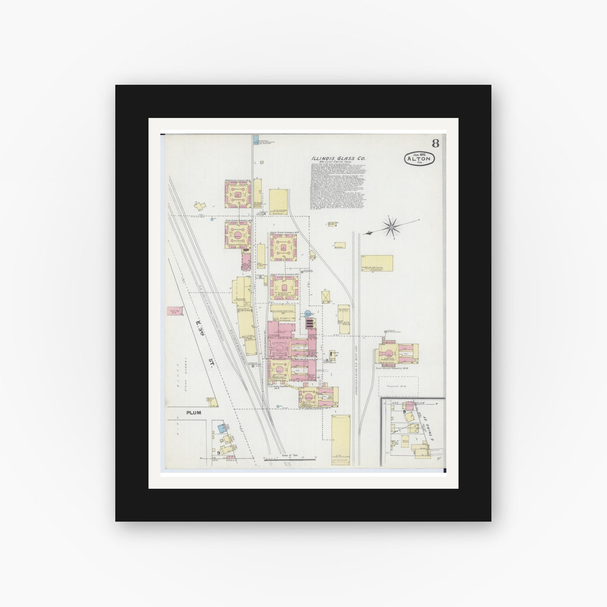 Old map wall art mockup — black gallery frame with white mat — Sanborn Fire Insurance Map from Alton, Madison County, Illinois (1892), Sheet #0008