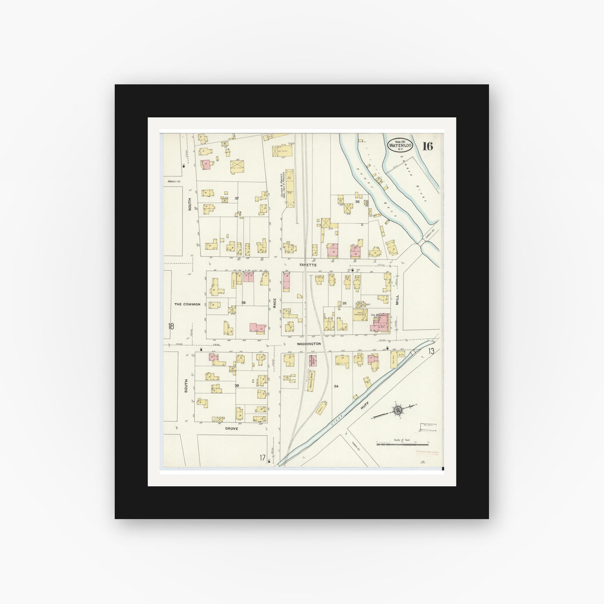 Old map wall art mockup — black gallery frame with white mat — Sanborn Fire Insurance Map from Waterloo, Seneca County, New York (1911), Sheet #0016