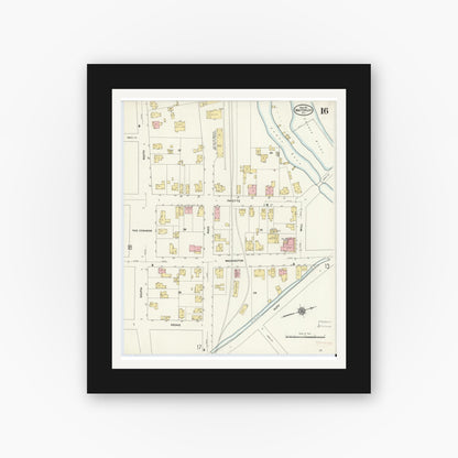 Old map wall art mockup — black gallery frame with white mat — Sanborn Fire Insurance Map from Waterloo, Seneca County, New York (1911), Sheet #0016