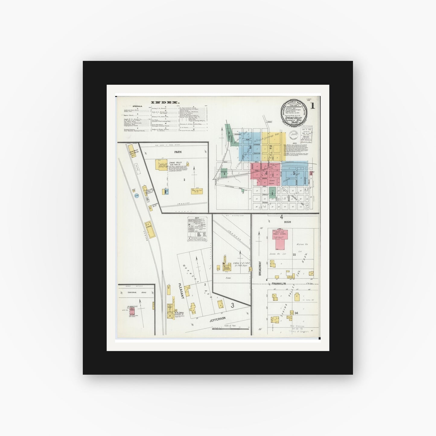 Old map wall art mockup — black gallery frame with white mat — Sanborn Fire Insurance Map from Spring Valley, Fillmore County, Minnesota (1900) - Complete Map Set