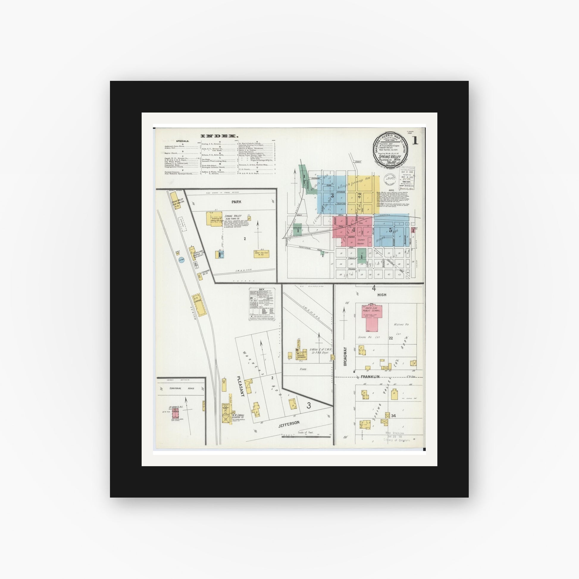 Old map wall art mockup — black gallery frame with white mat — Sanborn Fire Insurance Map from Spring Valley, Fillmore County, Minnesota (1900) - Complete Map Set
