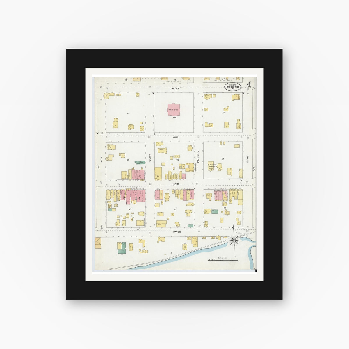 Old map wall art mockup — black gallery frame with white mat — Sanborn Fire Insurance Map from Smethport, McKean County, Pennsylvania (1903), Sheet #0004