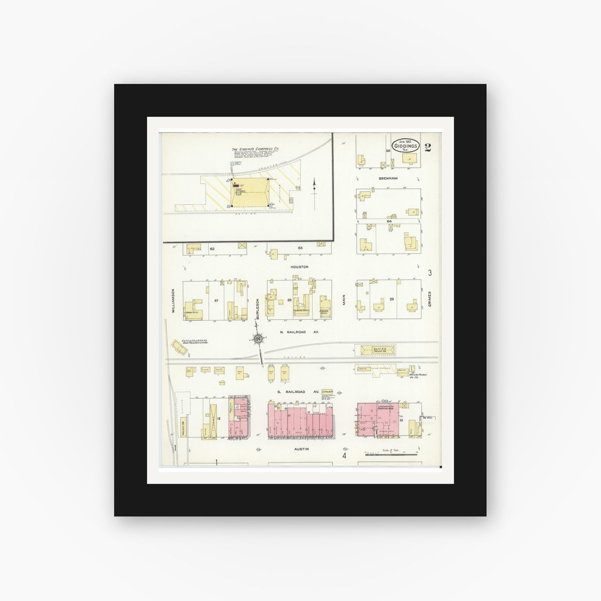 Old map wall art mockup — black gallery frame with white mat — Sanborn Fire Insurance Map from Giddings, Lee County, Texas (1912), Sheet #0002