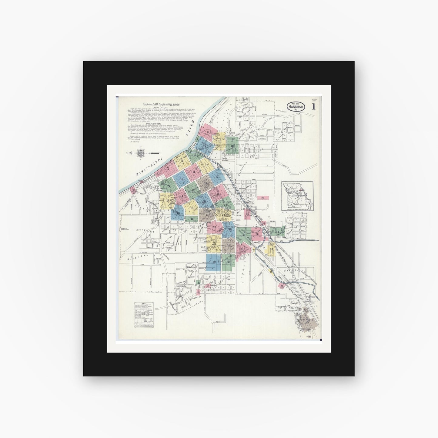Old map wall art mockup — black gallery frame with white mat — Sanborn Fire Insurance Map from Hannibal, Marion County, Missouri (1913) - Complete Map Set