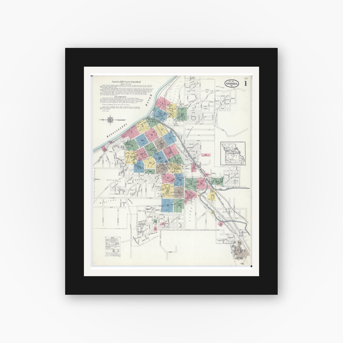 Old map wall art mockup — black gallery frame with white mat — Sanborn Fire Insurance Map from Hannibal, Marion County, Missouri (1913) - Complete Map Set
