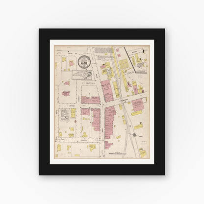 Old map wall art mockup — black gallery frame with white mat — Sanborn Fire Insurance Map from Elkin, Surrey County, North Carolina (1915), Sheet #0001