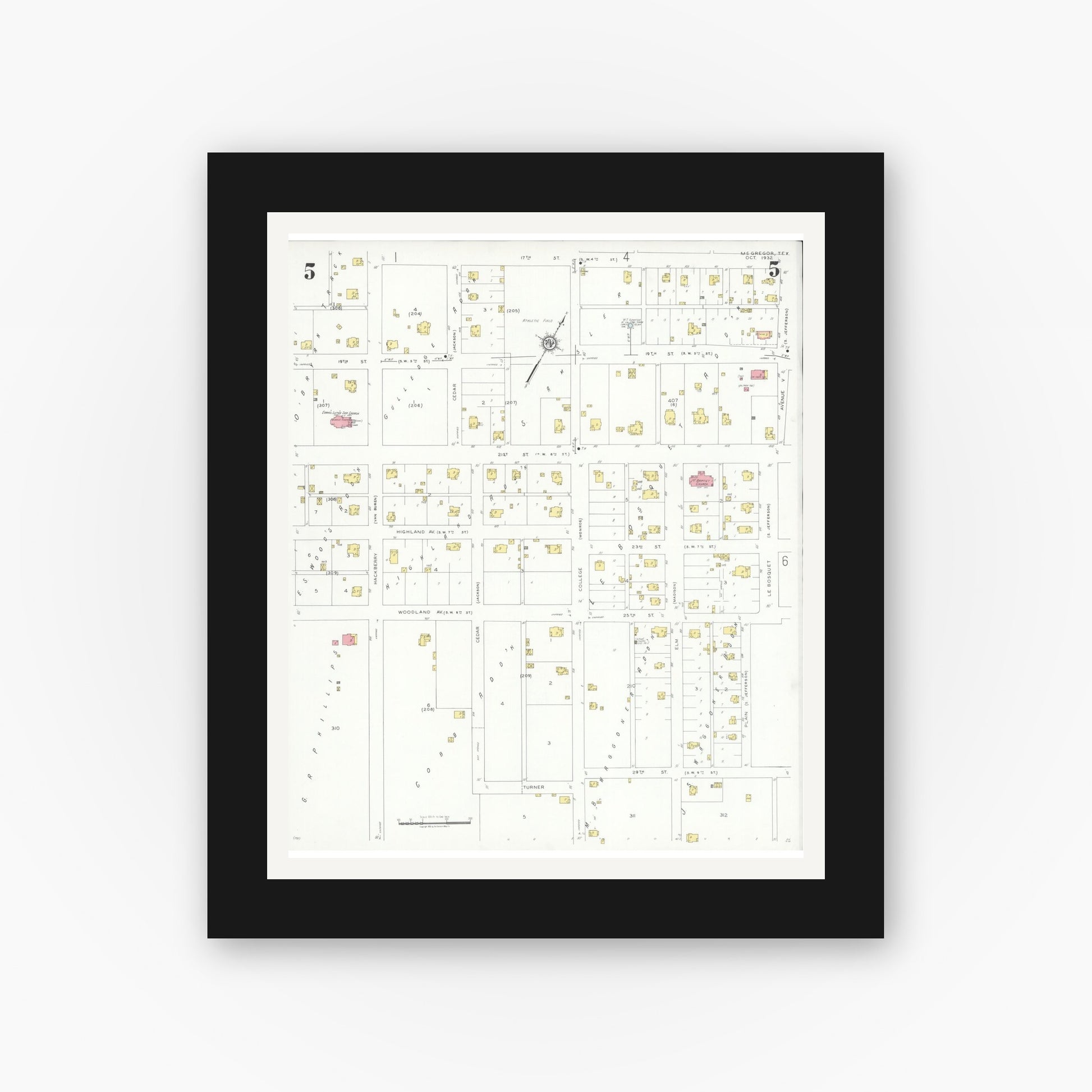 Old map wall art mockup — black gallery frame with white mat — Sanborn Fire Insurance Map from McGregor, McLennan County, Texas (1932), Sheet #0005