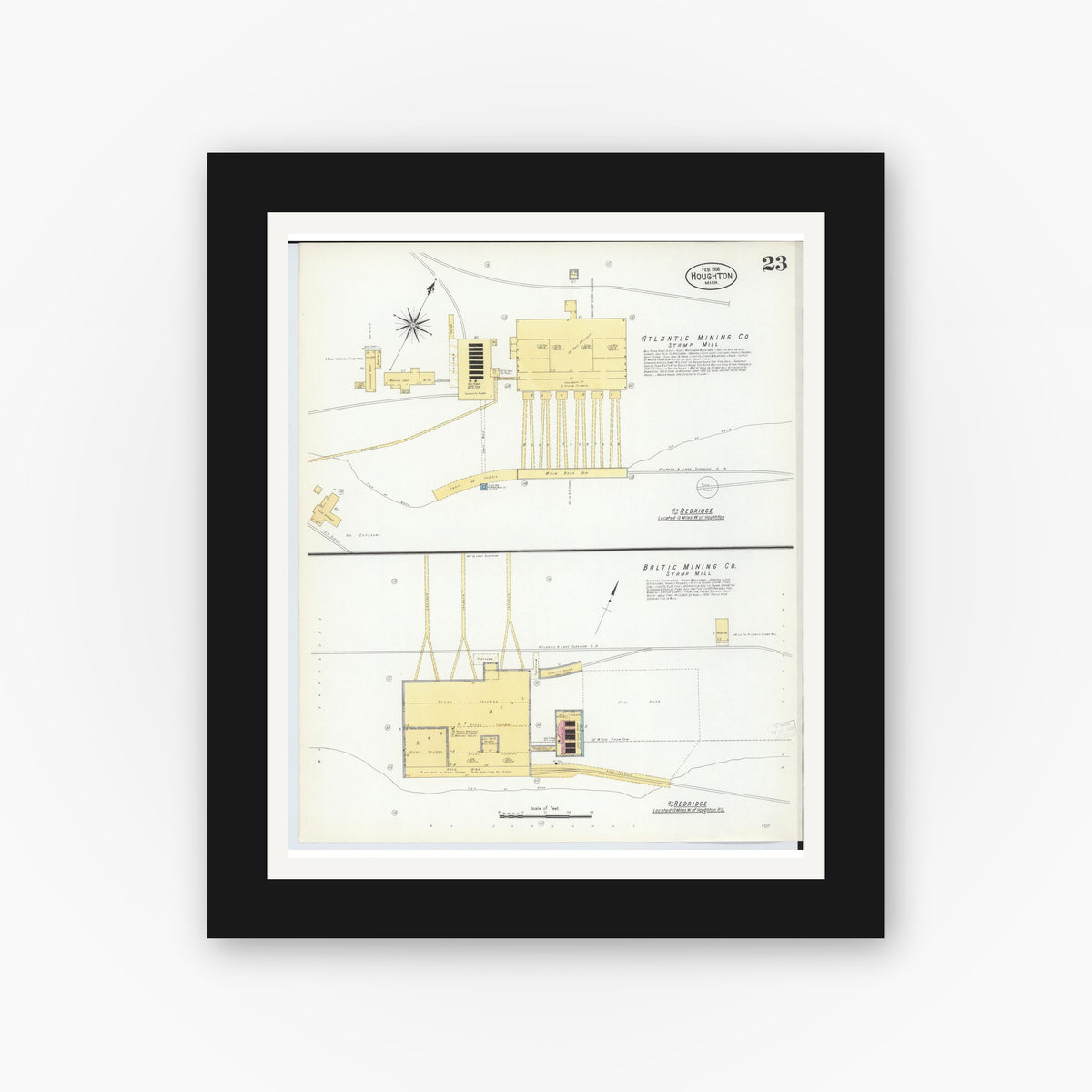 Old map wall art mockup — black gallery frame with white mat — Sanborn Fire Insurance Map from Houghton, Houghton County, Michigan (1908), Sheet #0023