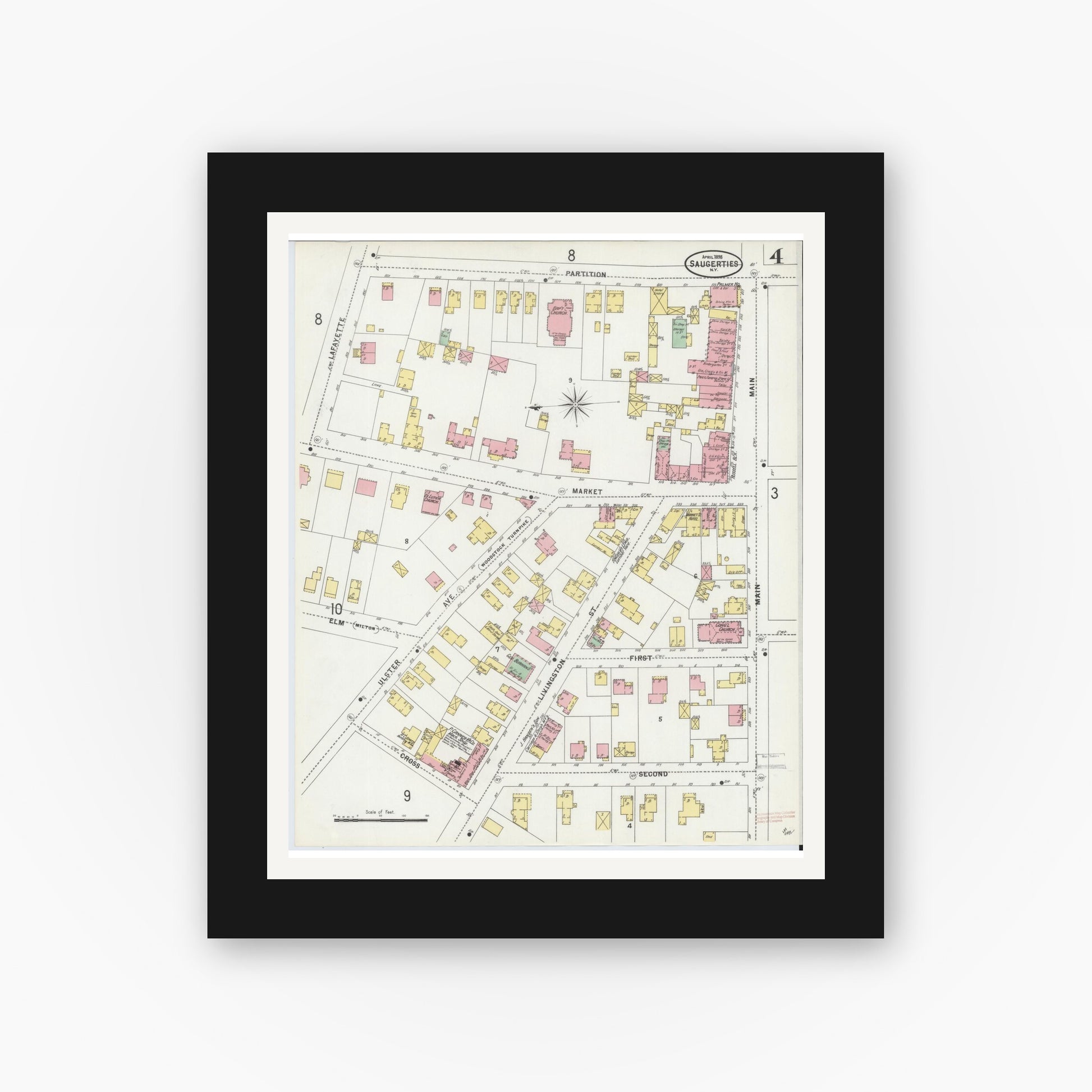 Old map wall art mockup — black gallery frame with white mat — Sanborn Fire Insurance Map from Saugerties, Ulster County, New York (1898), Sheet #0004