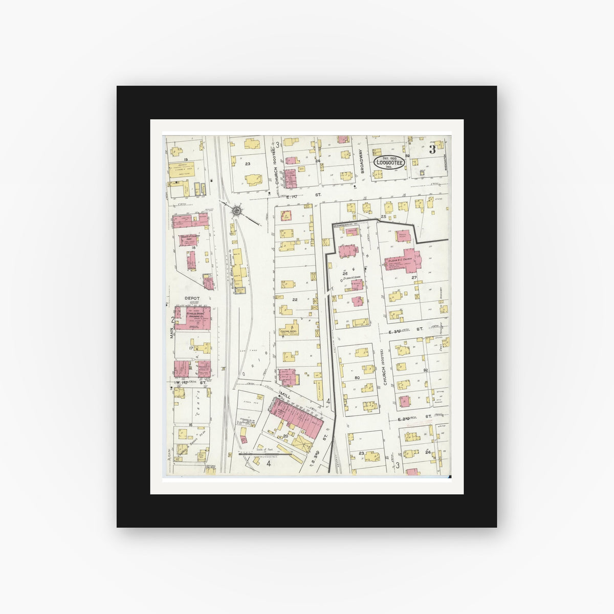Old map wall art mockup — black gallery frame with white mat — Sanborn Fire Insurance Map from Loogootee, Martin County, Indiana (1920), Sheet #0003