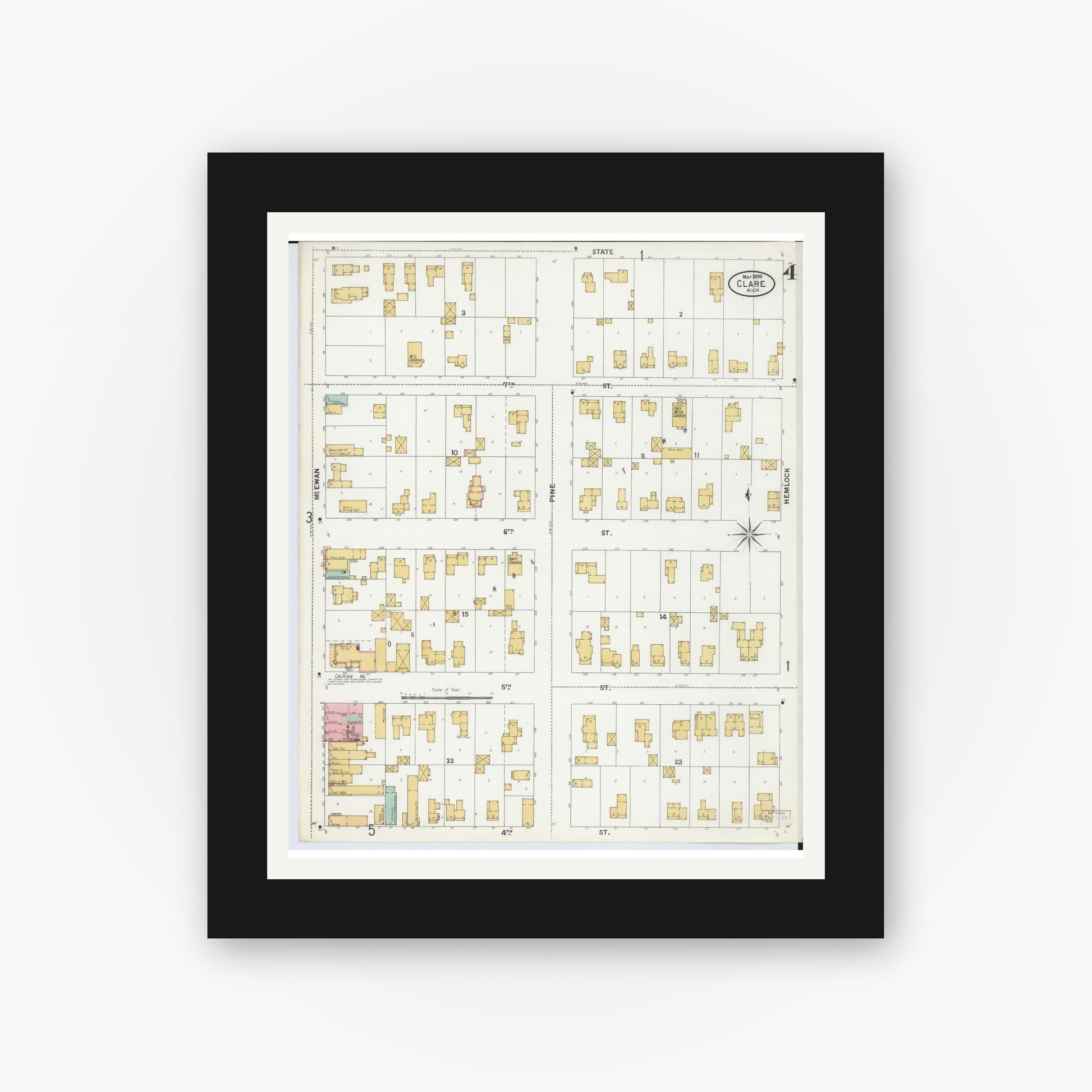 Old map wall art mockup — black gallery frame with white mat — Sanborn Fire Insurance Map from Clare, Clare County, Michigan (1899), Sheet #0004
