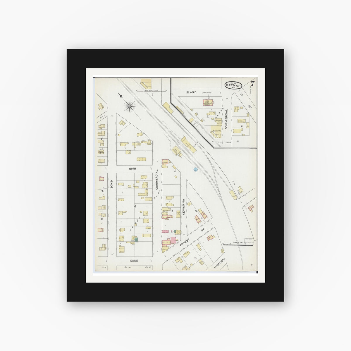 Old map wall art mockup — black gallery frame with white mat — Sanborn Fire Insurance Map from Neenah, Winnebago County, Wisconsin (1891), Sheet #0007