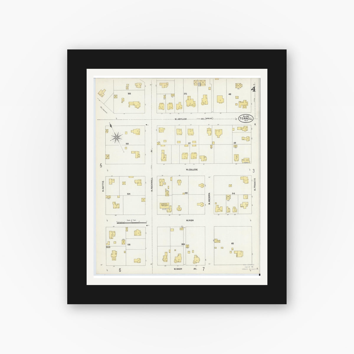 Old map wall art mockup — black gallery frame with white mat — Sanborn Fire Insurance Map from Terrell, Kaufman County, Texas (1902), Sheet #0004