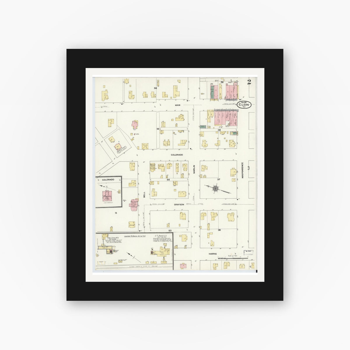 Old map wall art mockup — black gallery frame with white mat — Sanborn Fire Insurance Map from Elgin, Bastrop County, Texas (1910), Sheet #0002