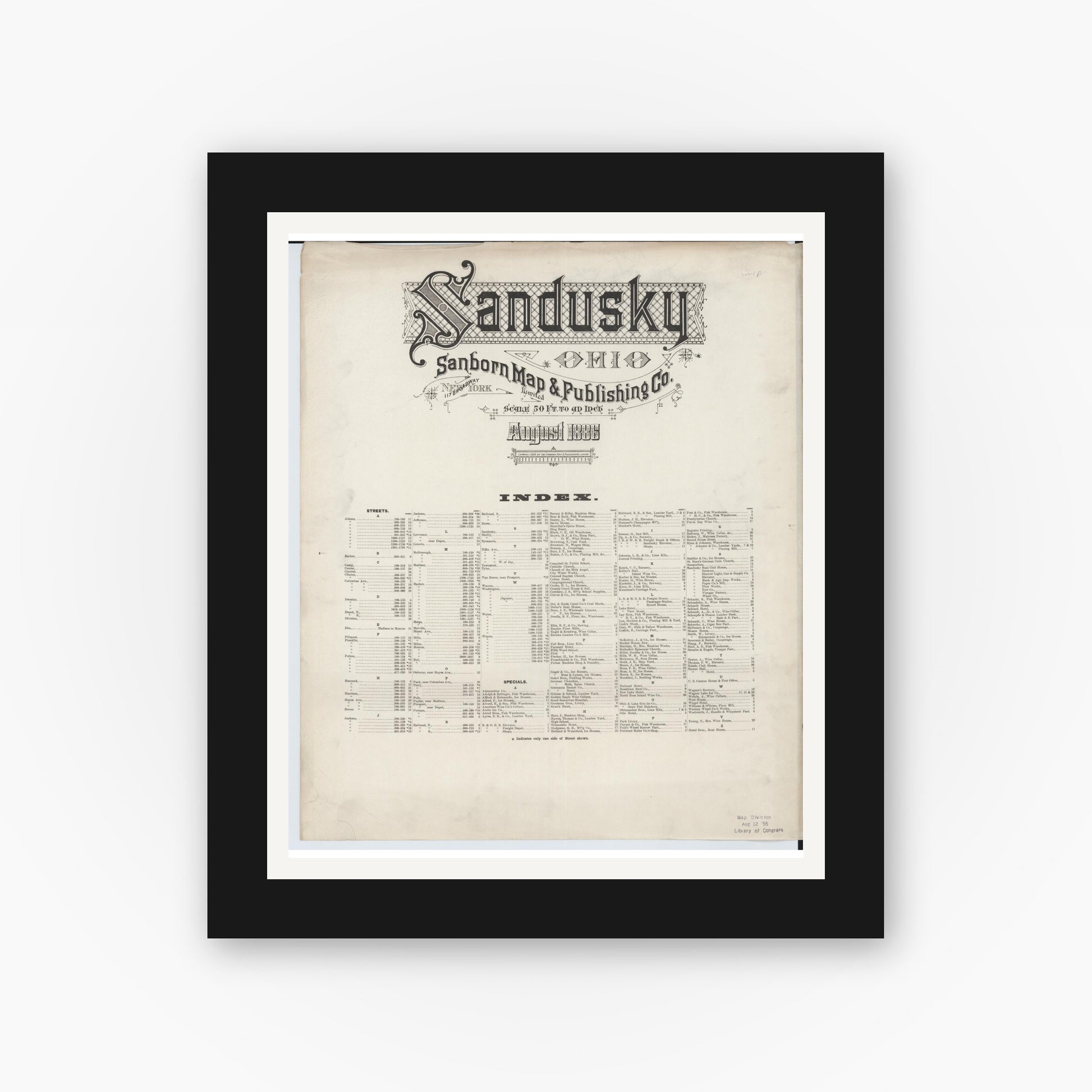 Old map wall art mockup — black gallery frame with white mat — Sanborn Fire Insurance Map from Sandusky, Erie County, Ohio (1886), Sheet #0001