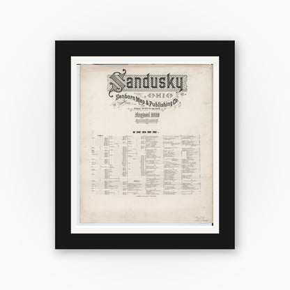 Old map wall art mockup — black gallery frame with white mat — Sanborn Fire Insurance Map from Sandusky, Erie County, Ohio (1886), Sheet #0001