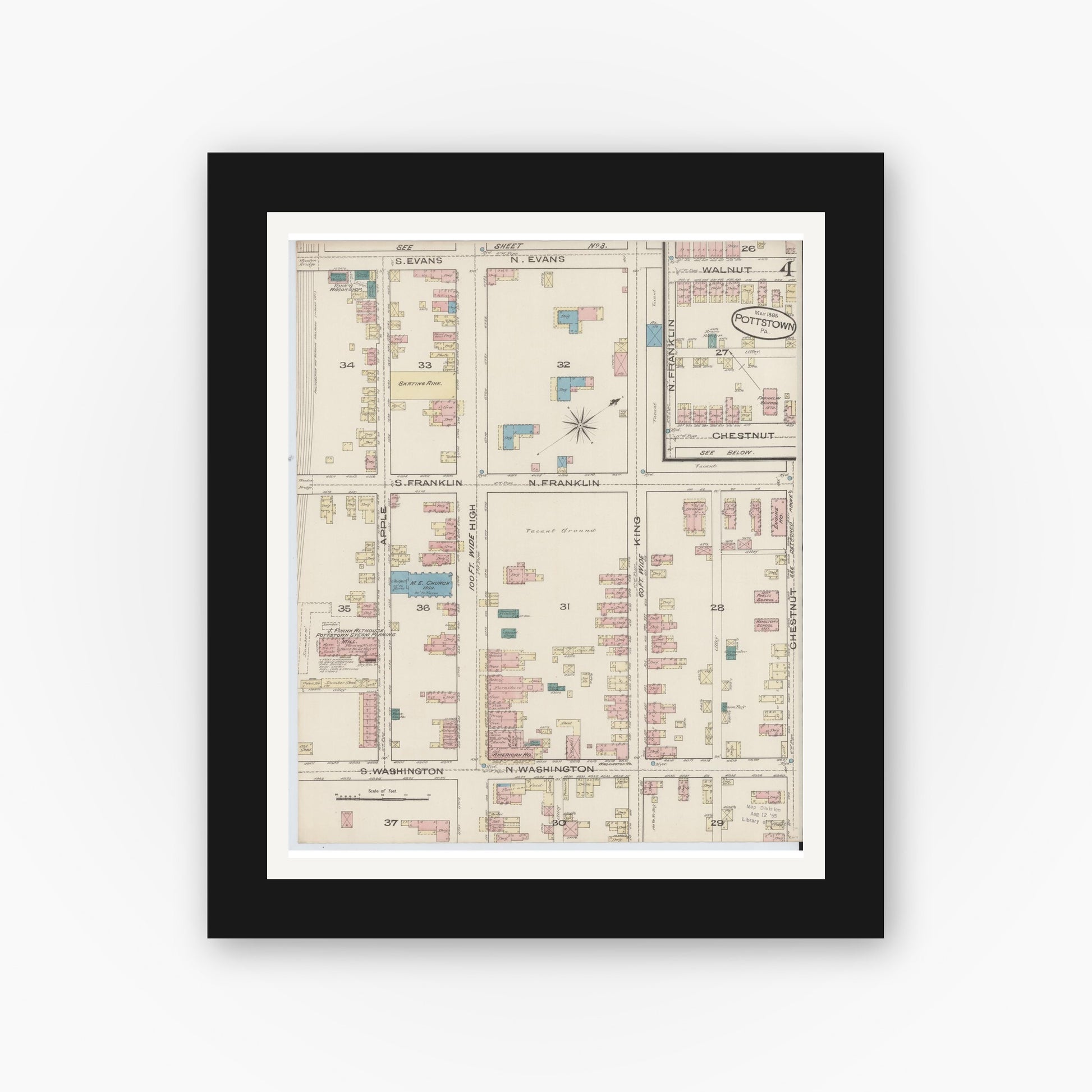 Old map wall art mockup — black gallery frame with white mat — Sanborn Fire Insurance Map from Pottstown, Montgomery County, Pennsylvania (1885), Sheet #0004