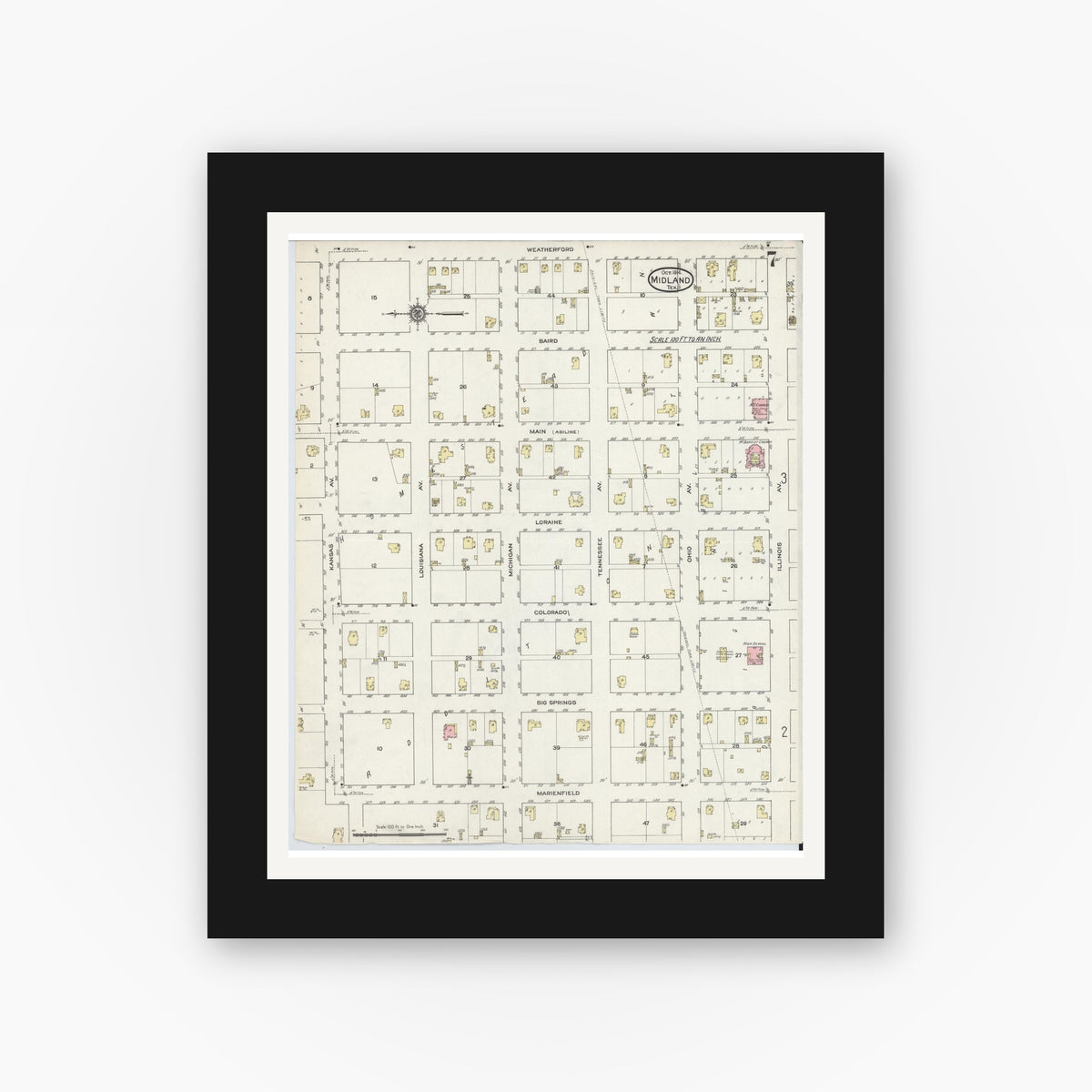 Old map wall art mockup — black gallery frame with white mat — Sanborn Fire Insurance Map from Midland, Midland County, Texas (1914), Sheet #0007