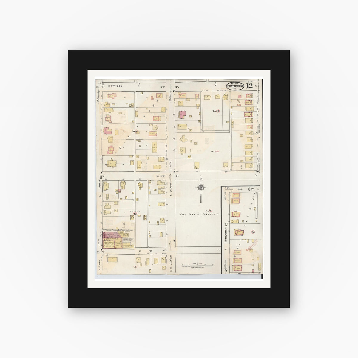 Old map wall art mockup — black gallery frame with white mat — Sanborn Fire Insurance Map from Huntingburg, Dubois County, Indiana (1949), Sheet #0012